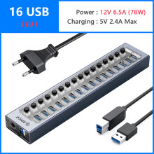 (16 USB- och EU-kontakt) Driv USB-hub-splitteruttag med multi-USB 3.0-portars öppning Plugg på/av nyckelbrytare