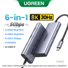 (2HDMI 6-i-1 8K)Dubbel HDMI USB-C HUB 8K 4K HDMI-adapter 10 i 1 splitter med RJ45 USB3.0 PD 100W Dock