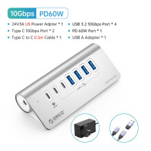 (USB Laddning 0,5M US)10GbpsHUB Aluminium SuperSpeed Powered PD60W Laddare Typ C Splitter med strömadapter