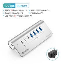 (USB Charge 1M EU)10GbpsHUB Aluminium SuperSpeed Powered PD60W Laddare Typ C splitter med nätadapter