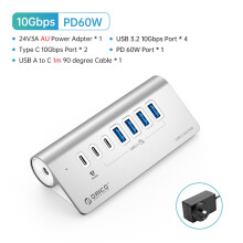 (USB Charge 1M AU)10GbpsHUB Aluminium SuperSpeed Powered PD60W Laddare Typ C splitter med nätadapter