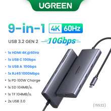 (9-i-1 4K 10 Gbps)Dubbel HDMI USB-C HUB 8K 4K HDMI-adapter 10 i 1 splitter med RJ45 USB3.0 PD 100W dockningsstation