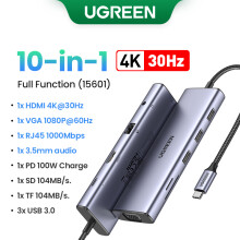 (10-i-1 HDMI VGA)USB HUB 4K60Hz HDMI Type-C till RJ45 5Gbps USB3.0 PD100W SD&TF Dock-kompatibel bärbar