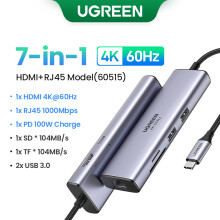 (7-i-1 HDMI RJ45 HUB)USB HUB 4K60Hz HDMI Type-C till RJ45 5Gbps USB3.0 PD100W SD&TF Dock-kompatibel
