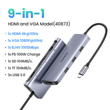 (9-i-1 HDMI VGA)USB HUB 4K60Hz HDMI Type-C till RJ45 5Gbps USB3.0 PD100W SD&TF Dockningskompatibel bärbar
