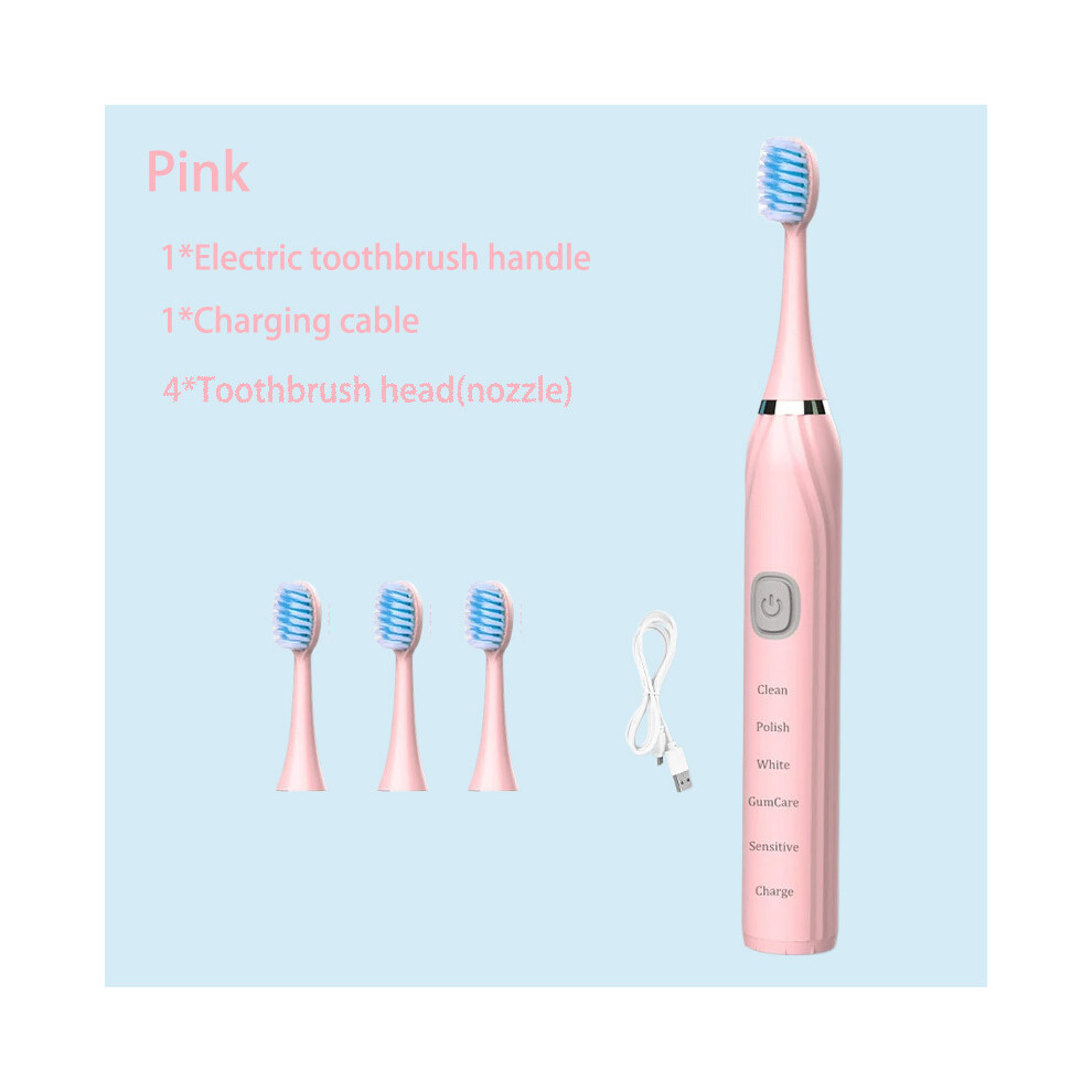 Brosse à dents électrique sonique (rose à 4 têtes), chargeur USB à 5 modes, minuterie, rechargeable,
