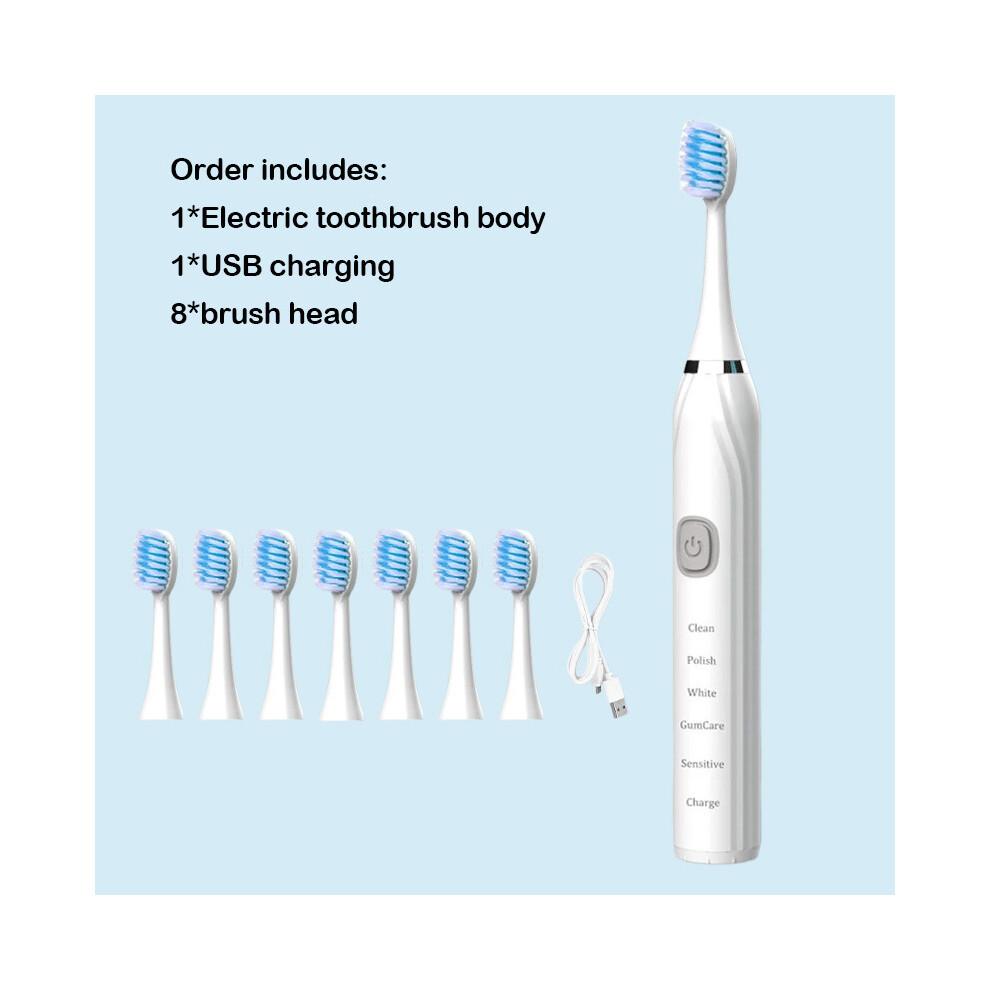 Brosse à dents électrique sonique (8 têtes blanches) Chargeur USB Minuterie Brosse 5 modes Rechargeable