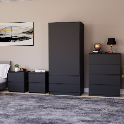 Vida Designs (Black) Denver 4 Pc Bedroom Set Bedsides Chest Wardrobe 2