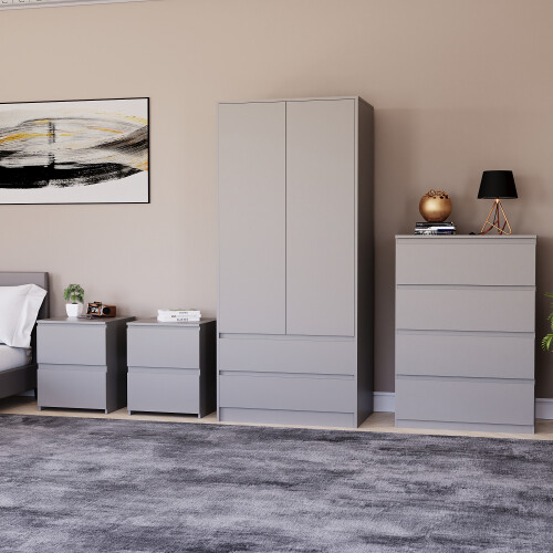 Vida Designs (Grey) Denver 4 Pc Bedroom Set Bedsides Chest Wardrobe 2