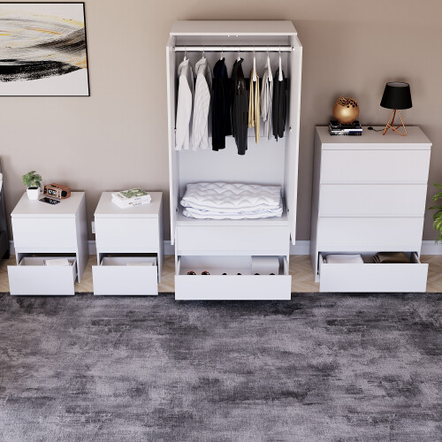 Vida Designs (White) Denver 4 Pc Bedroom Set Bedsides Chest Wardrobe 2 2