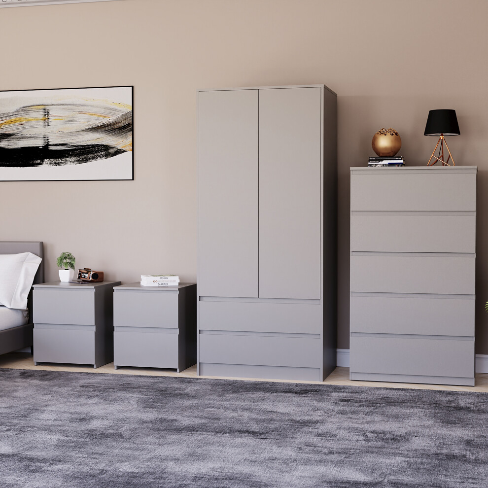 (Grey) Denver 4 Pc Bedroom Set Bedsides Chest Wardrobe 3