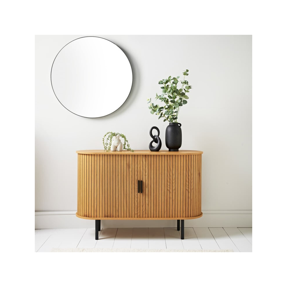 Kristn Premium OakFinish Sideboard Shelves &Tambour Sliding Doors Unit