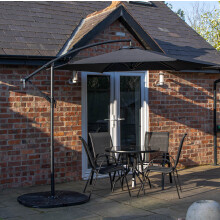 4 Person Round Glass Top Table Chairs With Black Banana Parasol and Base