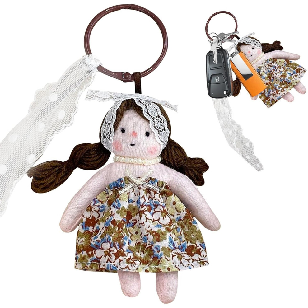 (Coffee) Plush Doll Keychain | Doll in Dress Lovely Stuffed Doll & Cartoon Figure Pendant - 12cm Key Holder Bag & School Bag Charm, Cute Plush Toy Keychain