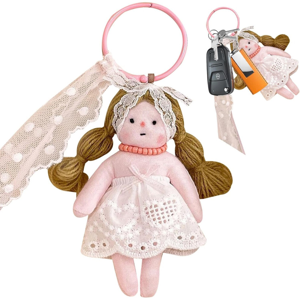 (White Pink) Plush Doll Keychain | Doll in Dress Lovely Stuffed Doll & Cartoon Figure Pendant - 12cm Key Holder Bag & School Bag Charm, Cute Plush Toy Keychain