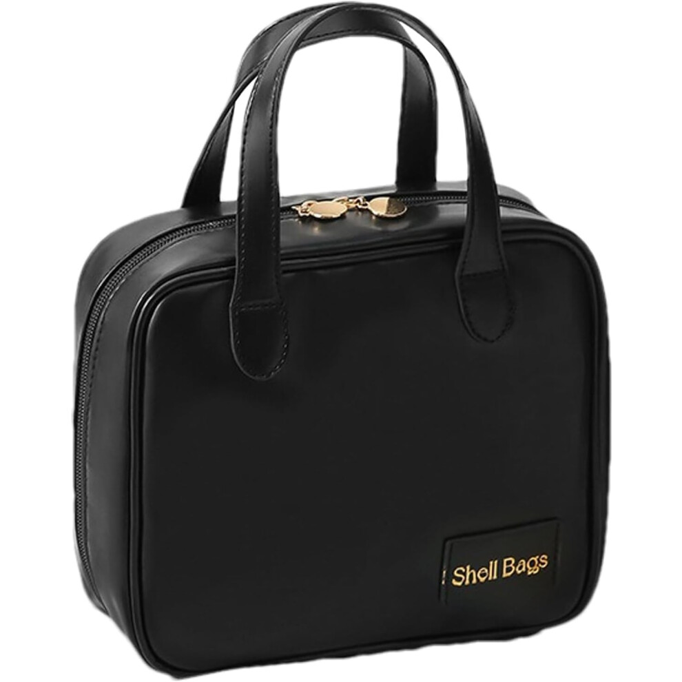 (Black) Cosmetic Travel Bags for Women | PU Leather Wide-Open Large Capacity Tote Organizer | Travel Toiletries Pouch, Cosmetic Organizer for Outdoor