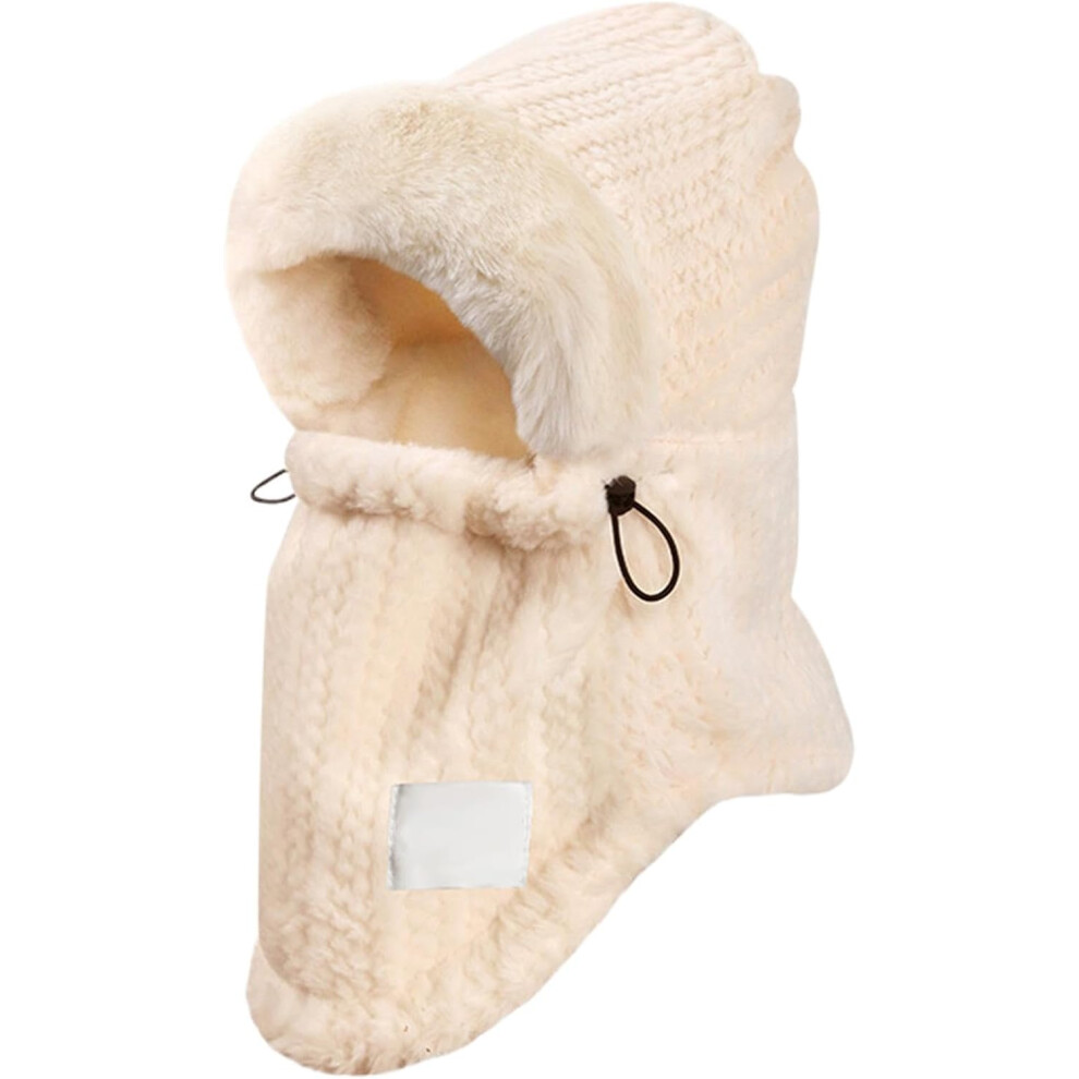 (L, cream colored) Winter Warm Hat, Warm Winter Beanie Hat Plush Hoodie Hat, Earflap Neck Warmer Windproof Soft Women Hat for Cycling & Outdoor