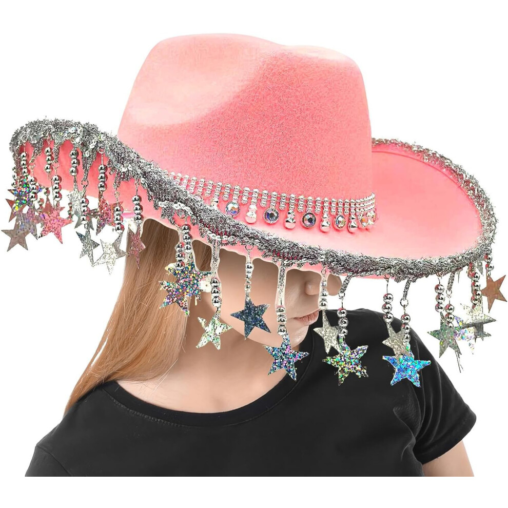 (Pink) Girls Cowgirl Hat With Tassel,Glittering Cowgirl Hat Party Costumes | Glittering Headgear With Five-Pointed Star Tassels For Women Masquerade Event
