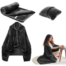 (Black) Travel Blanket and Pillow - Travel Airplane Pillow Blanket Combo Lightweight - Wearable Adult Coat Poncho, Soft Flannel Airplane Blanket for Adults