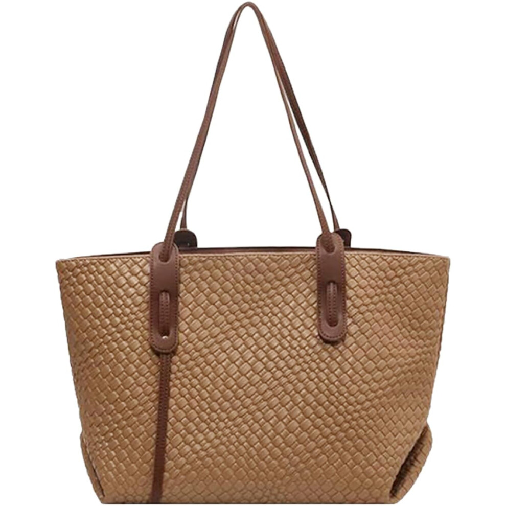 (Khaki) Woven Shoulder Bag | Beach Shoulder Tote Bag,Large Capacity Travel Pouch, Fashion Hobo Purse, Underarm Woven Work Purses For School