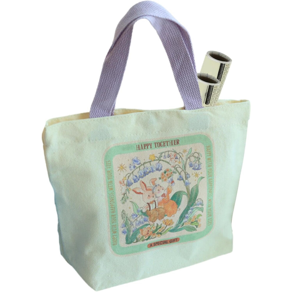 (05) Stylish Canvas Tote Bag - Grocery Shopping Bag With Rabbit Pattern - Washable Portable Lovely Multipurpose Shopping Casual Bag For Work