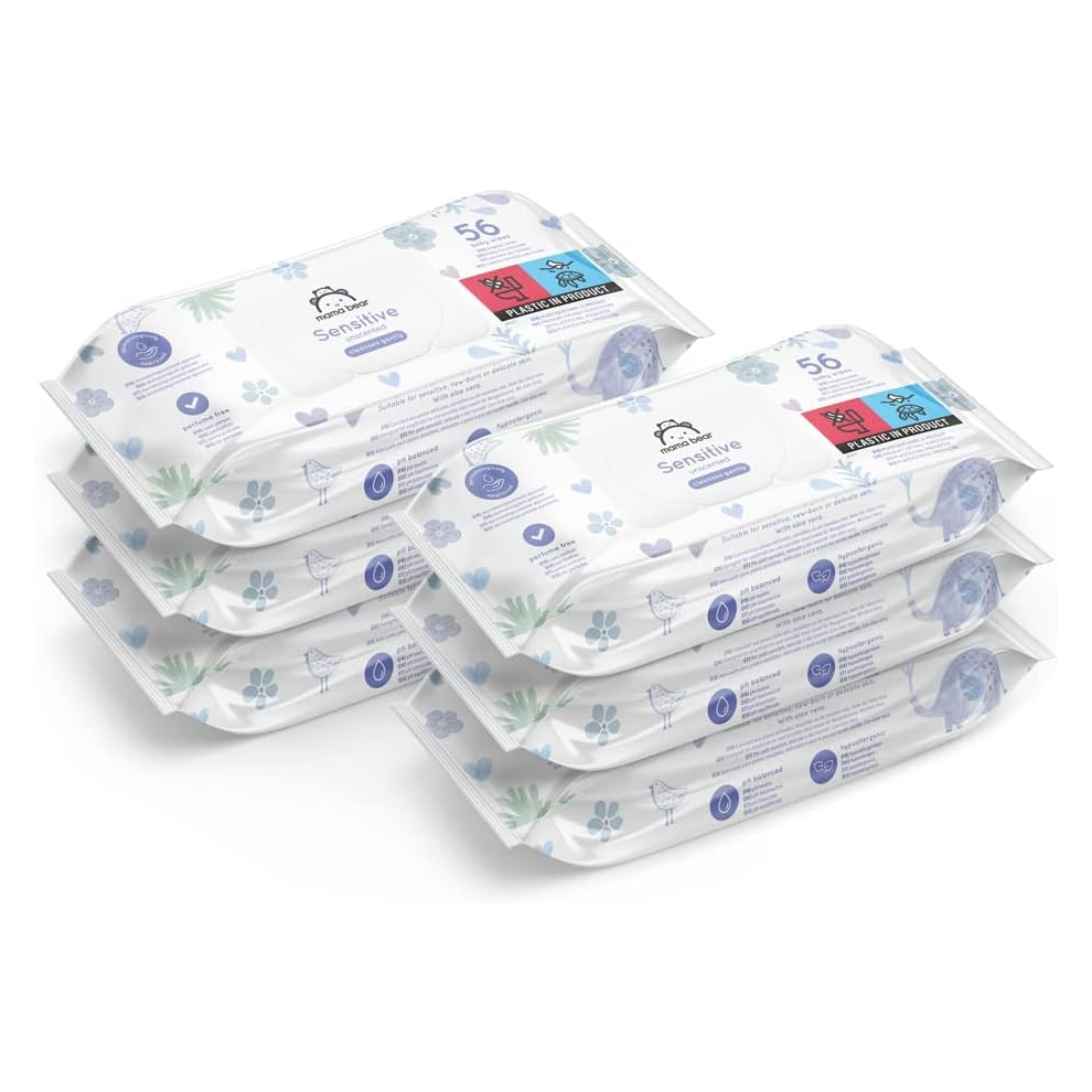 Sensitive Unscented Baby Wipes, 336 Count (6 Packs Of 56) Mama Bear