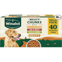 Winalot Wet Dog Food Mixed in Gravy - 40 x 100g Pouches (Chicken, Beef & Lamb) Grain-free chunks, Complete & Balanced Nutrition