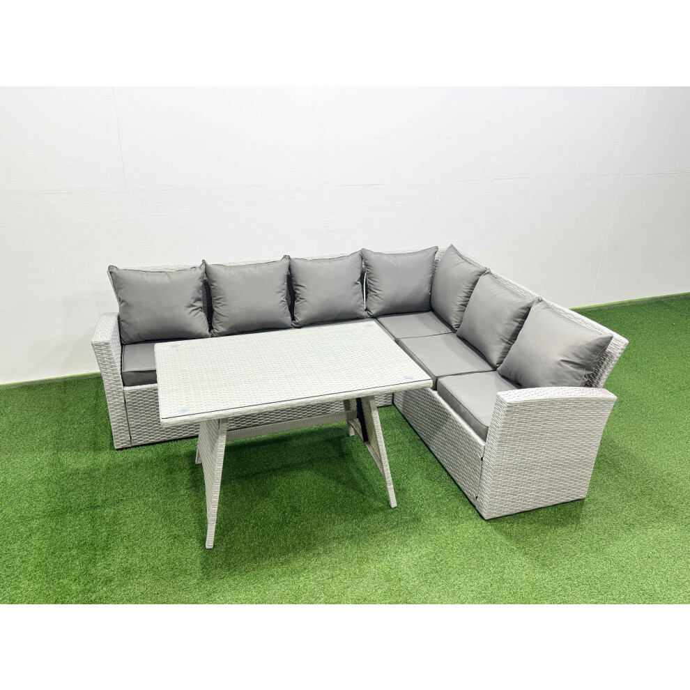 Fimous 6 Seater Garden Outdoor Rattan Furniture Set Rattan Corner Sofa Oblong Dining Table Set Light Mixed Grey