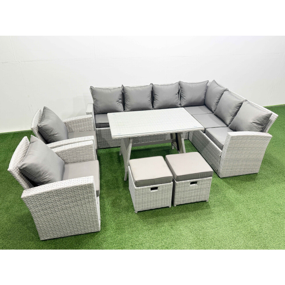 Rackhams Light/Grey 10 Seater Garden Outdoor Rattan Furniture Set Rattan Corner Sofa Oblong Dining Table With 2 Armchairs 2 Small Footstools Mixed - Image 2