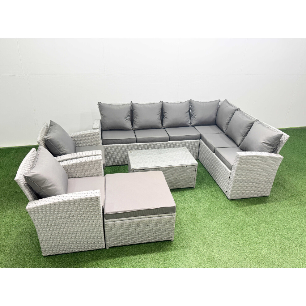 Fimous Garden Outdoor Pe Rattan Furniture Set 9 Seater Rattan Garden Sofa Set With Big Footstool Light Mixed Grey