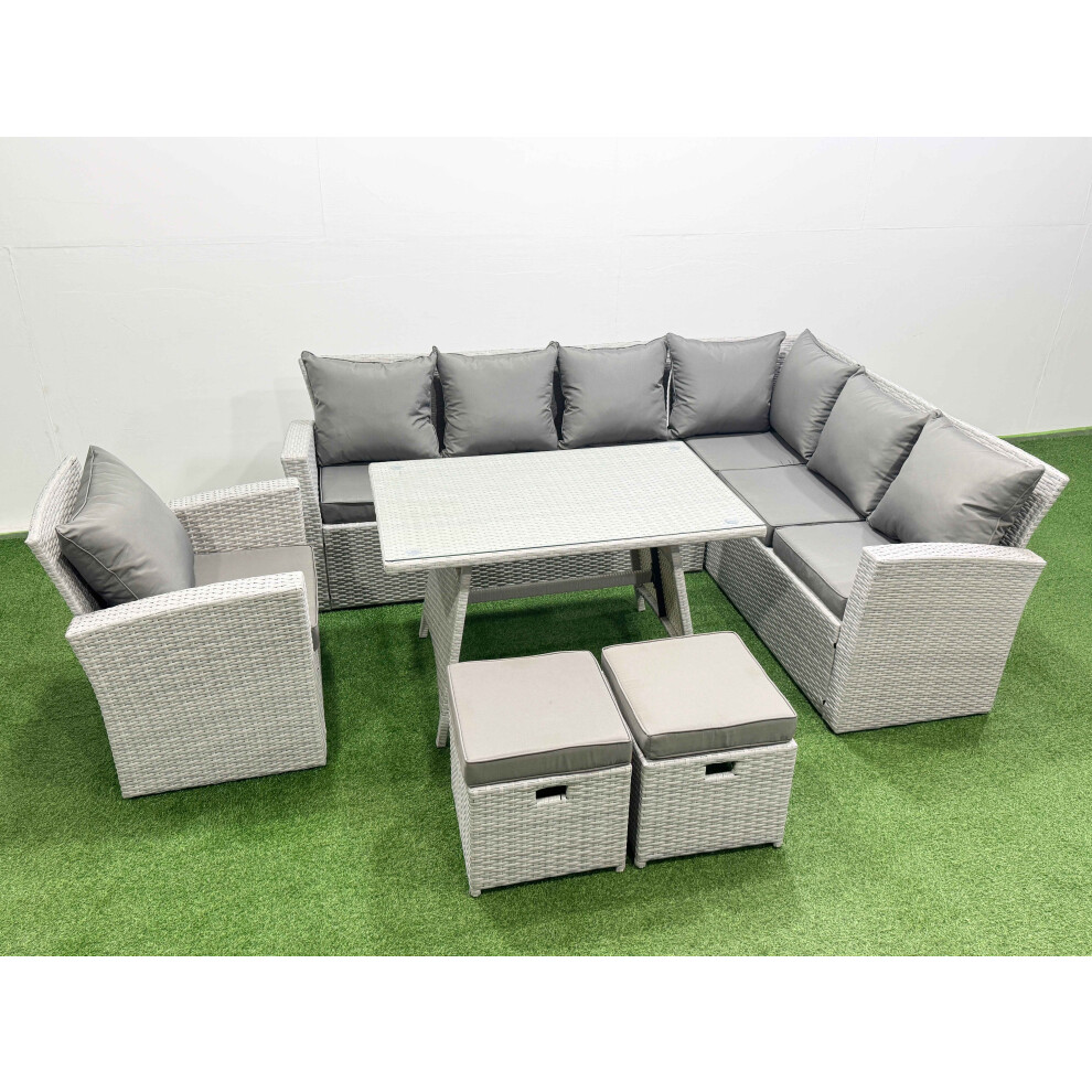 Fimous 9 Seater Garden Outdoor Rattan Furniture Set Rattan Corner Sofa Oblong Dining Table With Armchair Light Mixed Grey
