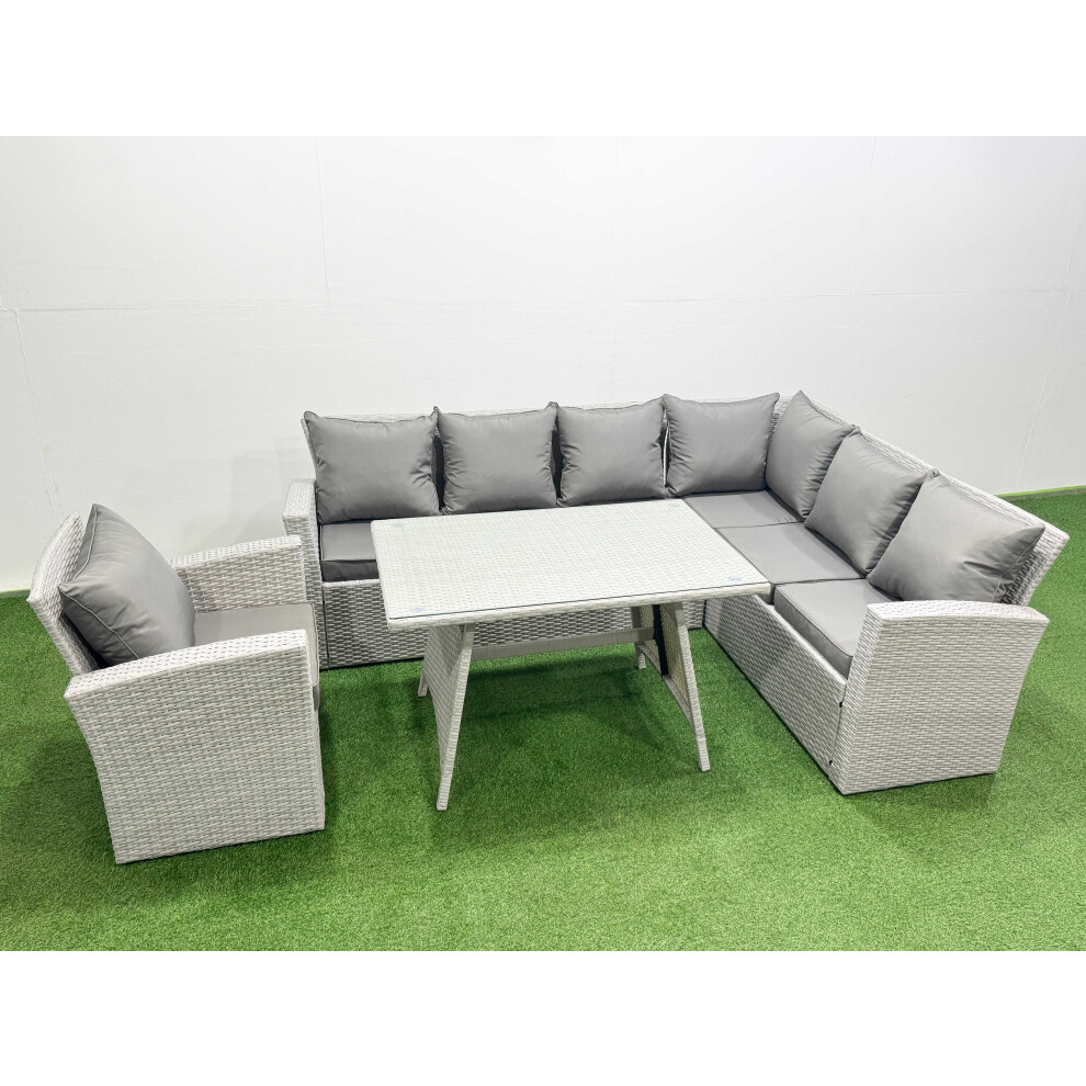 Fimous 7 Seater Garden Outdoor Rattan Furniture Set Rattan Corner Sofa Oblong Dining Table With Armchair Light Mixed Grey