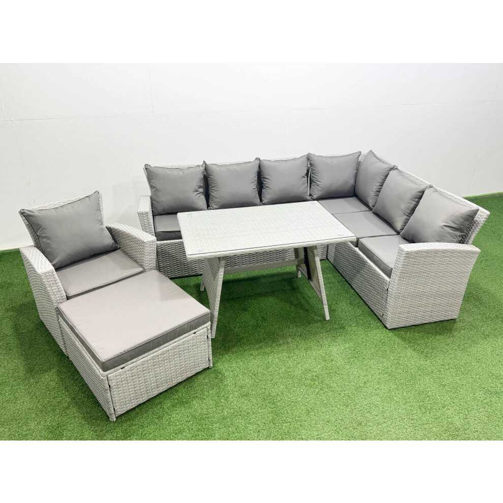 Fimous 8 Seater Garden Outdoor Rattan Furniture Set Rattan Corner Sofa Oblong Dining Table with Armchair Big Footstool Light Grey Mixed-image-OPC-PGQV6FG-NEW
