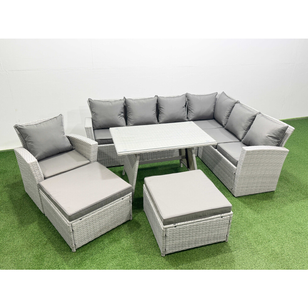 Fimous 9 Seater Garden Outdoor Rattan Furniture Set Rattan Corner Sofa Oblong Dining Table with Armchair 2 Big Footstools Light Grey Mixed