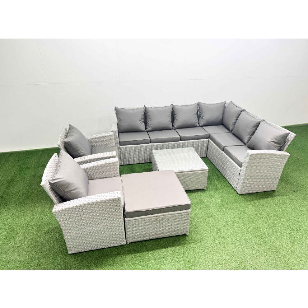 Fimous Rattan Garden Outdoor Furniture Set 9 Seater Rattan Garden Sofa Set With 2 Armchairs Big Footstool Light Grey Mixed