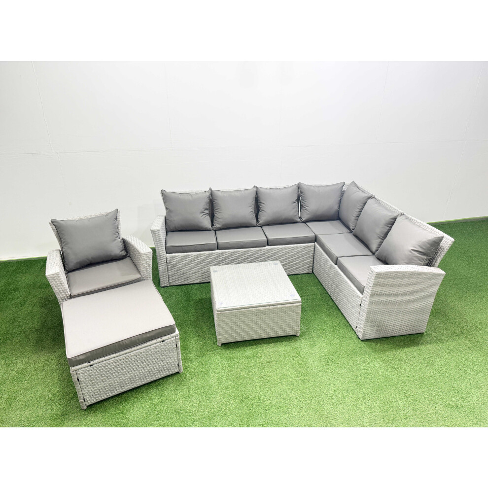 Fimous Rattan Garden Outdoor Furniture Set 8 Seater Rattan Garden Sofa Set With Armchair Big Footstool Light Mixed Grey