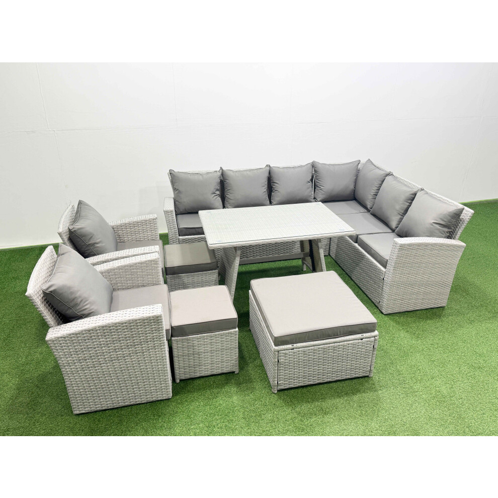 Fimous 11 Seater Garden Outdoor Rattan Furniture Set Rattan Corner Sofa Oblong Dining Table With 2 Armchairs 3 Footstools Light Grey Mixed