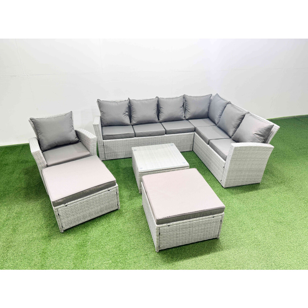 Fimous Rattan Garden Outdoor Furniture Set 9 Seater Rattan Garden Sofa Set With Armchair 2 Big Footstools Light Mixed Grey