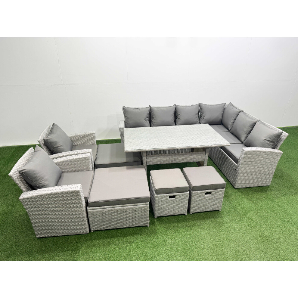 Fimous Rattan Garden Furniture Set Outdoor 12 Seater Patio Dining Corner Sofa Sets with Dining Table Chair 4 Footstools Light Grey Mixed