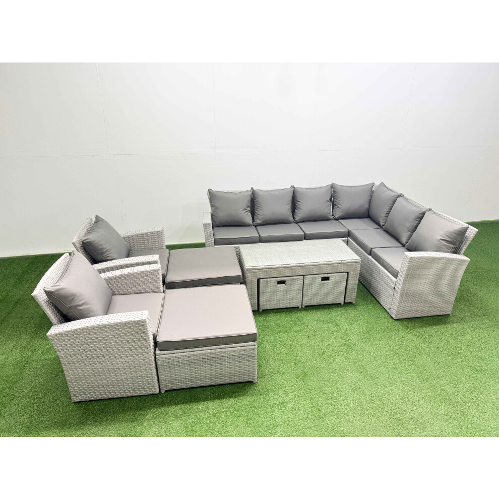 Rackhams Light/Grey Rattan Garden Furniture Set 9 Pieces Outdoor Garden Sofa Oblong Coffee Table Set With 2 Chairs 4 Footstools Mixed - Image 2