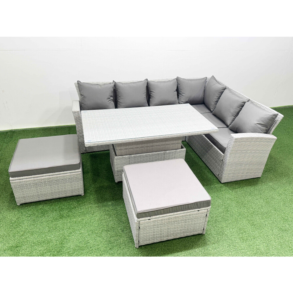 Rackhams Light/Grey 8 Seat Rattan Garden Furniture Corner Sofa Set Outdoor Adjustable Lifting Dining Or Coffee Table Set With Armchair 2 Big Footstools - Image 2