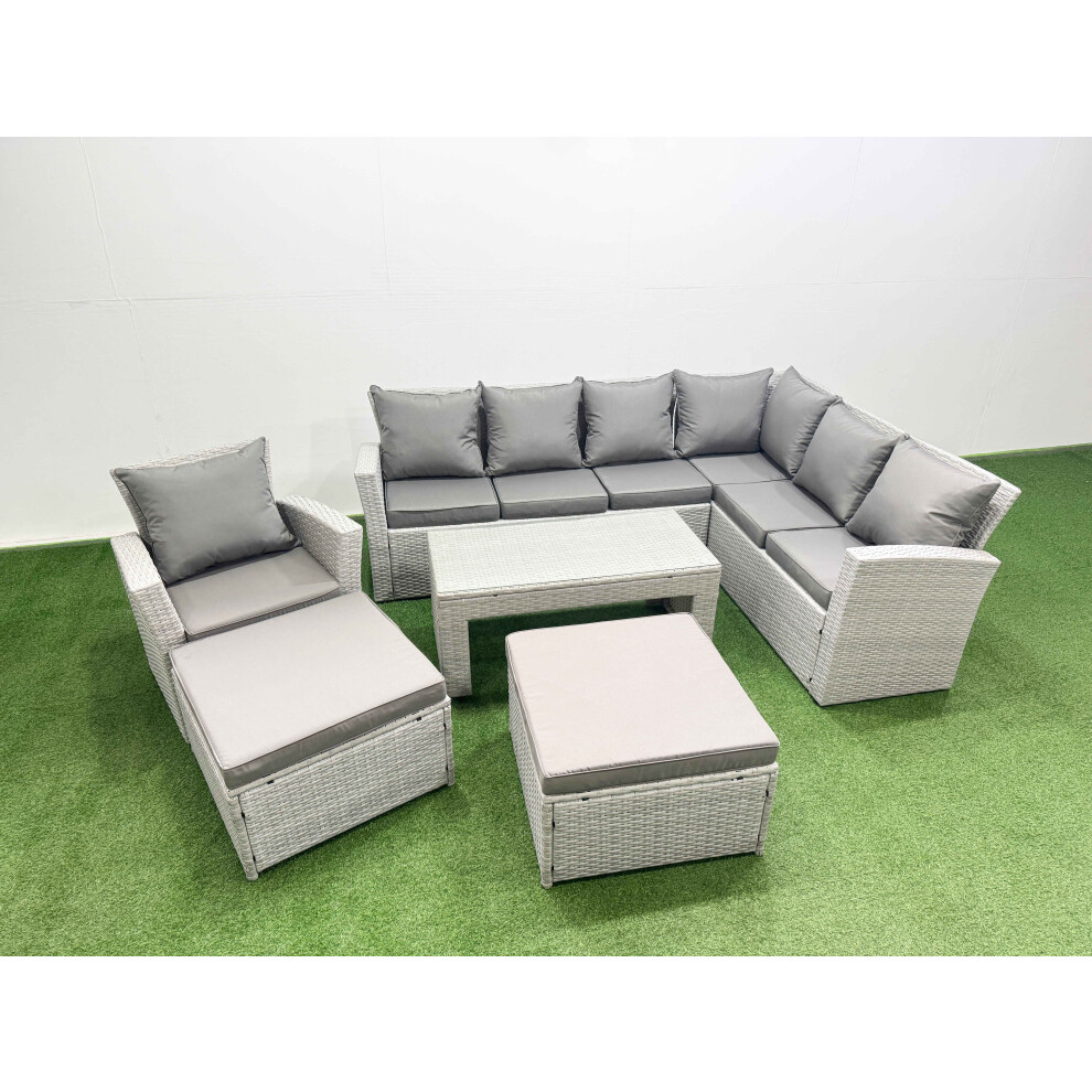 B&Q - 9 Seater Garden Outdoor Rattan Furniture Set Rattan Corner Sofa Oblong Coffee Table With 2 Big Footstools Light Grey Mixed - Image 2