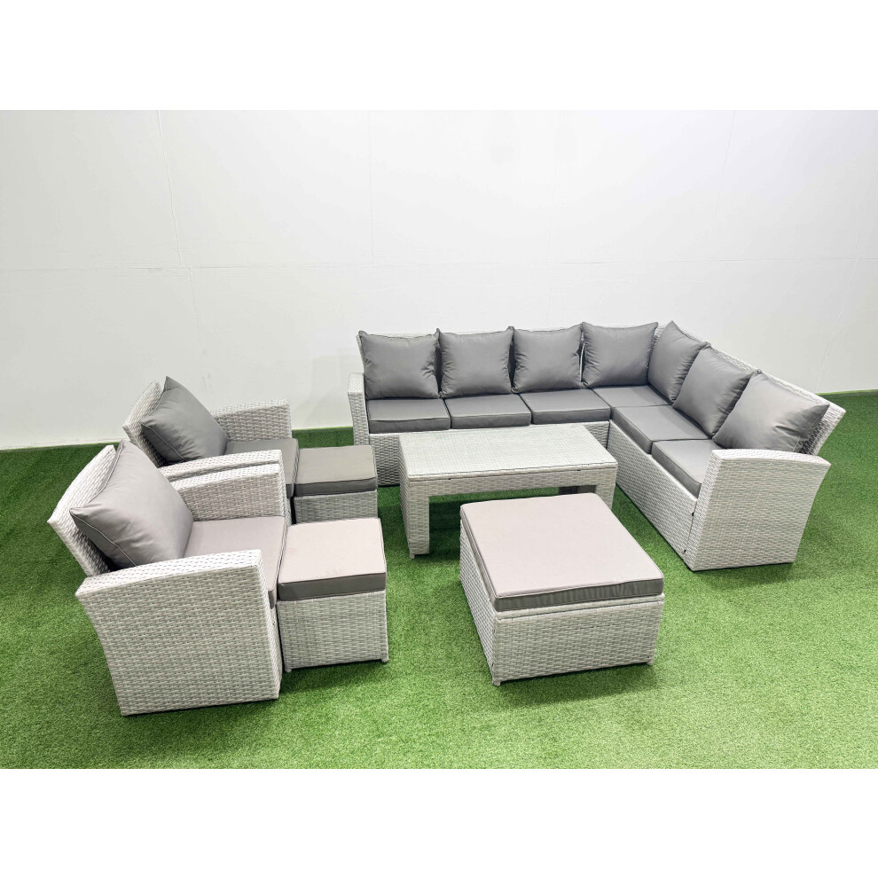 B&Q - Rattan Garden Furniture Set 8 Pieces Outdoor Garden Sofa Oblong Coffee Table Set With 2 Chairs 3 Footstools Light Grey - Image 2