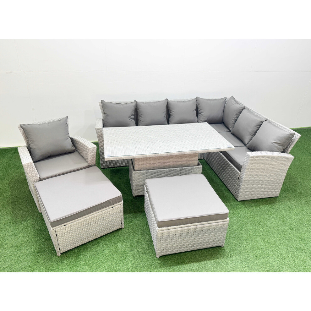 B&Q - 9 Seat Rattan Garden Furniture Corner Sofa Set Adjustable Lifting Dining Or Coffee Table Set With Big Footstools Light Grey - Image 2