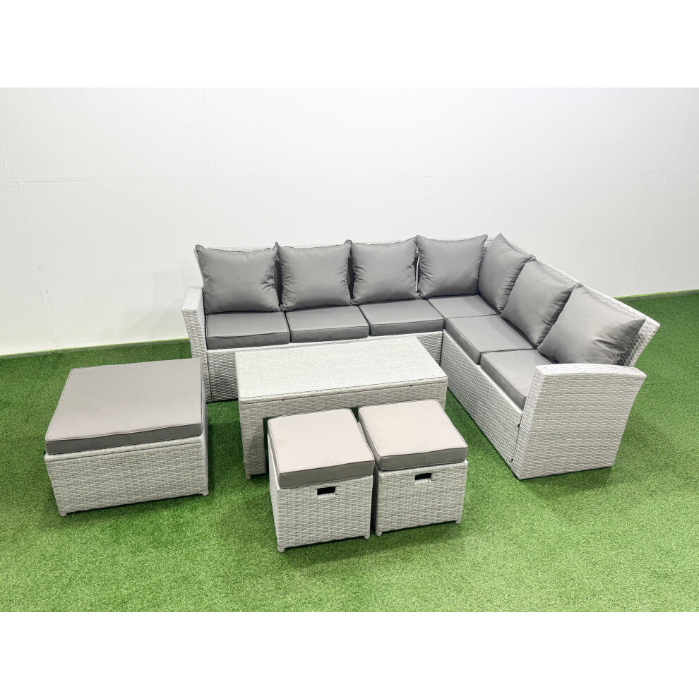 Rackhams Light/Grey 9 Seater Garden Outdoor Rattan Furniture Set Rattan Corner Sofa Oblong Coffee Table Set With 3 Footstools Mixed - Image 2