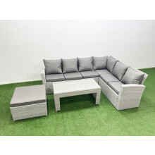 Fimous 7 Seater Garden Outdoor Rattan Furniture Set Rattan Corner Sofa Oblong Coffee Table Set with Big Footstool Light Grey Mixed