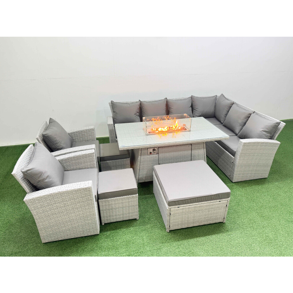 Rackhams Light/Grey Rattan Corner Sofa Chair Set Outdoor Furniture Garden Dining Set Gas Fire Pit Table With Temper Glass 3 Footstools Mixed - Image 2