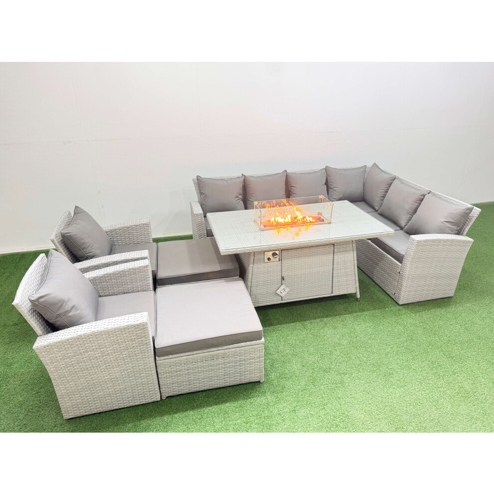 Fimous Outdoor Furniture Garden Dining Set Rattan Corner Sofa Chair Set Gas Fire Pit Table With Temper Glass Footstools 10 Seater Light Grey Mixed