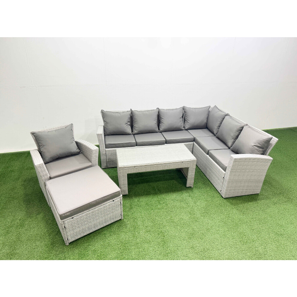 Fimous 8 Seater Garden Outdoor Rattan Furniture Set Rattan Corner Sofa Oblong Coffee Table With Big Footstools Light Grey Mixed Brown,Grey