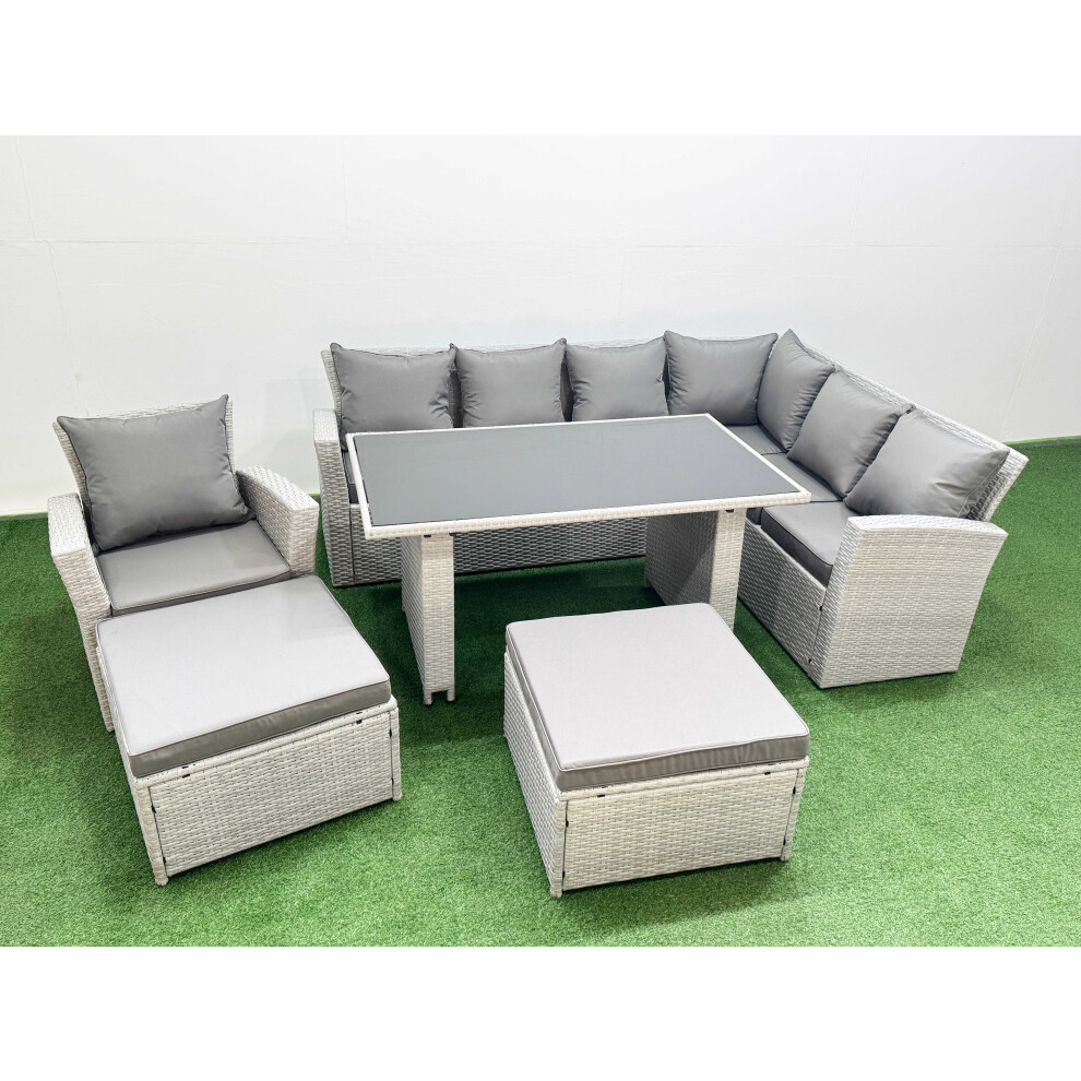Fimous Light/Grey Outdoor Garden Furniture Set 9 Seater Rattan Corner Sofa Set With Rectangular Dining Table Lounge Sofa 2 Big Footstools Armchair - Image 2